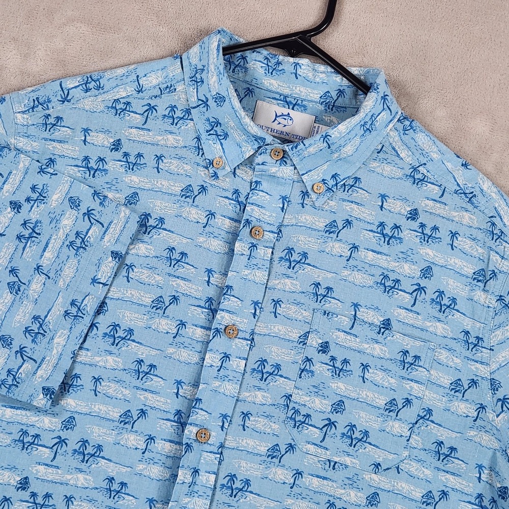 Southern Tide Shirt Mens Large Blue Linen Rayon Short Sleeve Button Up Tropical